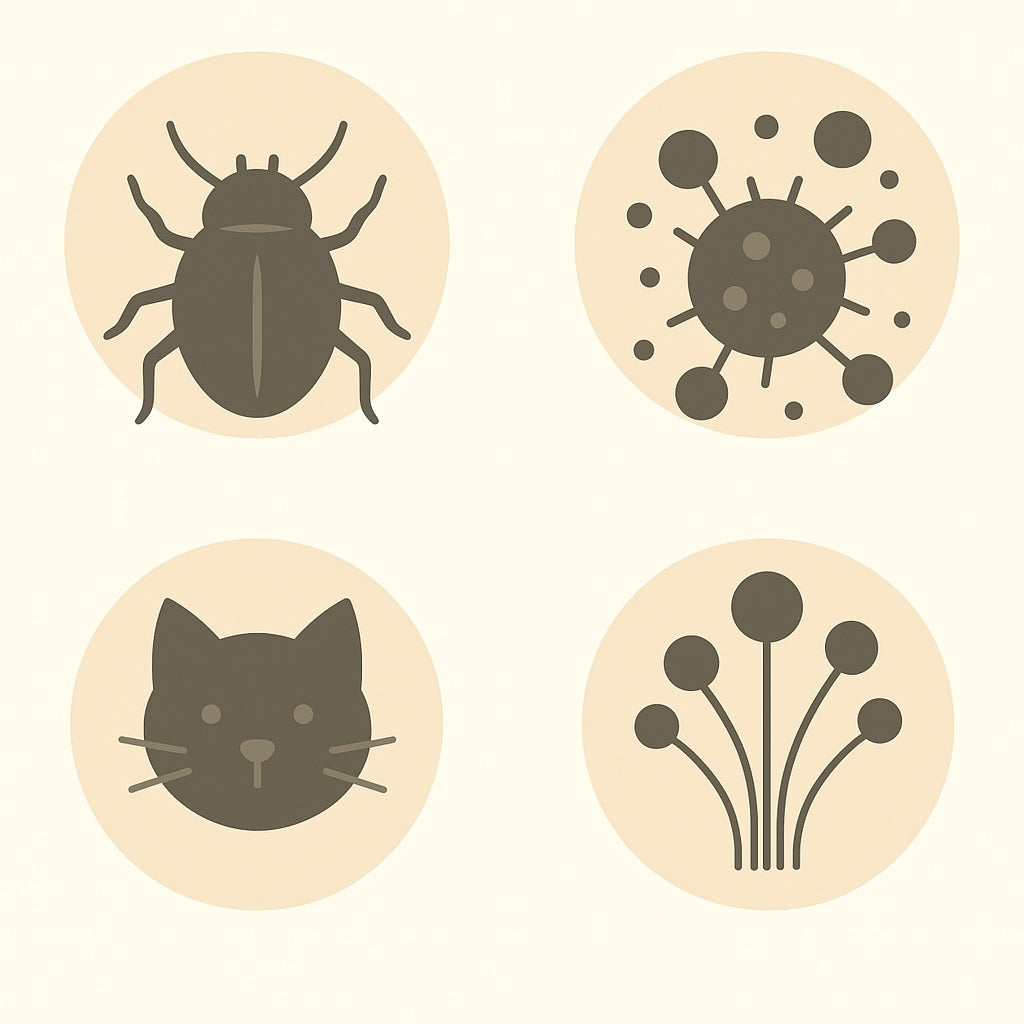 TYPES OF BEDROOM ALLERGENS like dust mite, pet dander, pollen,